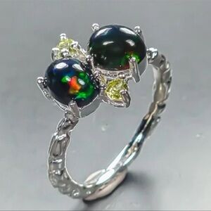 Natural Black Opal & Peridot Ring 925 Sterling Silver Size 5.25